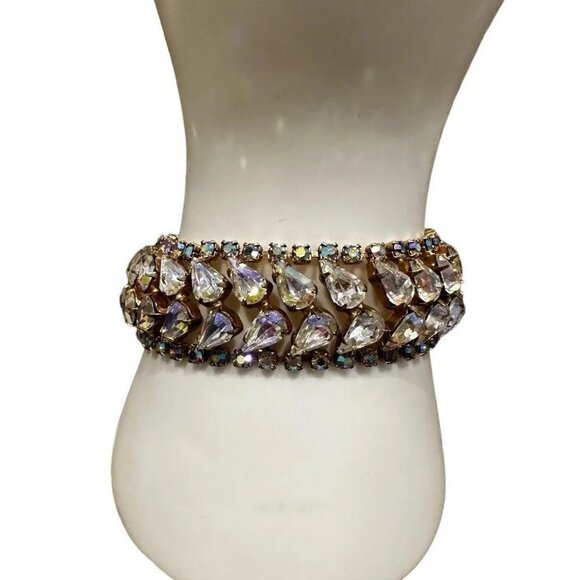 VTG Weiss Bracelet Size 7.5 Double Row Rainbow AB Rhinestones Gold Plated Signed - Picture 3 of 12